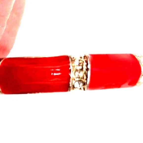 Red + Gold Tone Metal + Clamper Bracelet With Rhinestones -8 Inches - Picture 6 of 6